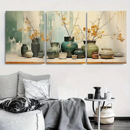 3pcs Ceramic Vases with Flower Branches Metal Print Ready to Hang Art