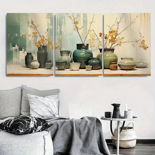 3pcs Ceramic Vases with Flower Branches Metal Print Ready to Hang Art