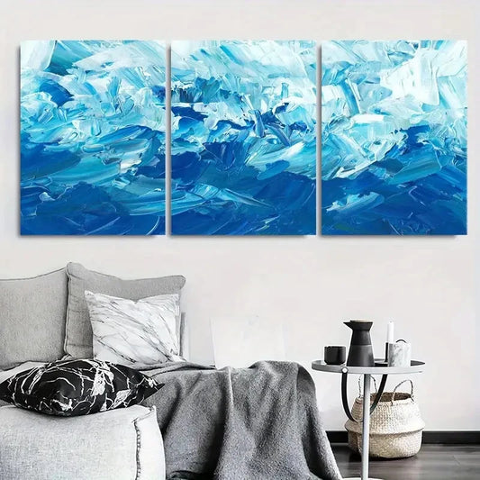 3pcs Blue & White Brushstroke Coastal Metal Print Ready to Hang Art