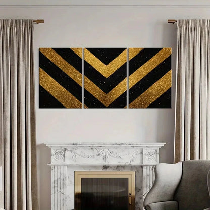 3pcs Abstract Golden Glitter Chevron Stripes Metal Print Ready to Hang Art