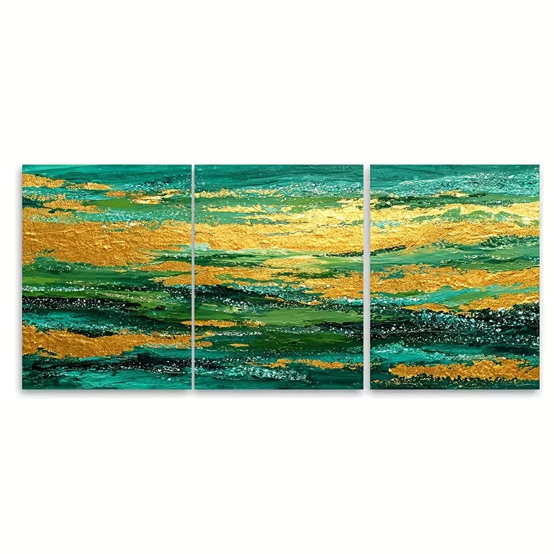 3pcs Abstract Landscape Teal Green, Golden, Black, Metal Print Ready to Hang Art