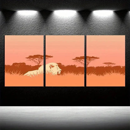 3pcs Vibrant Lion Silhouette on Grassland Metal Print Ready to Hang Art