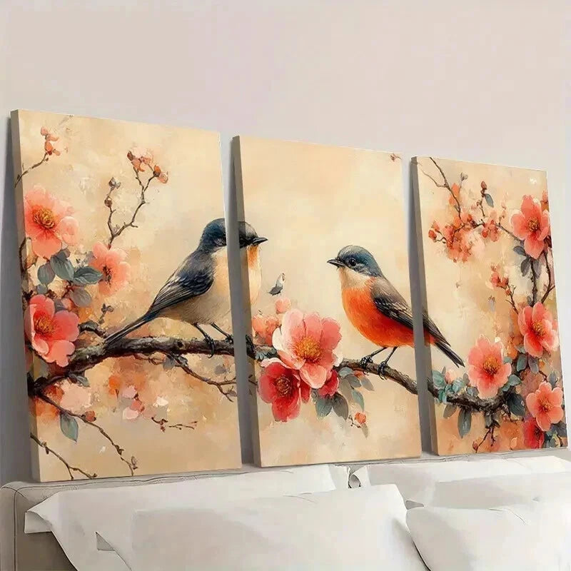 3pcs Vintage Peony Flowers And Birds Wall Art Set Canvas Framed 40x60cm - High Quality Print 100% Australian Made Wall Canvas Ready to Hang