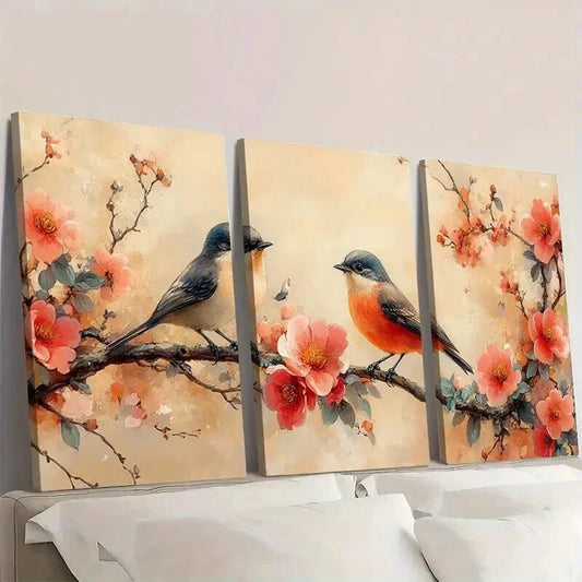 3pcs Vintage Peony Flowers And Birds Wall Art Set Canvas Framed 40x60cm - High Quality Print 100% Australian Made Wall Canvas Ready to Hang