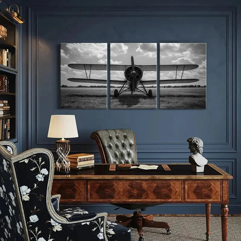 3pcs Black & White Plane Print with Cloudy Sky Metal Print Ready to Hang Art