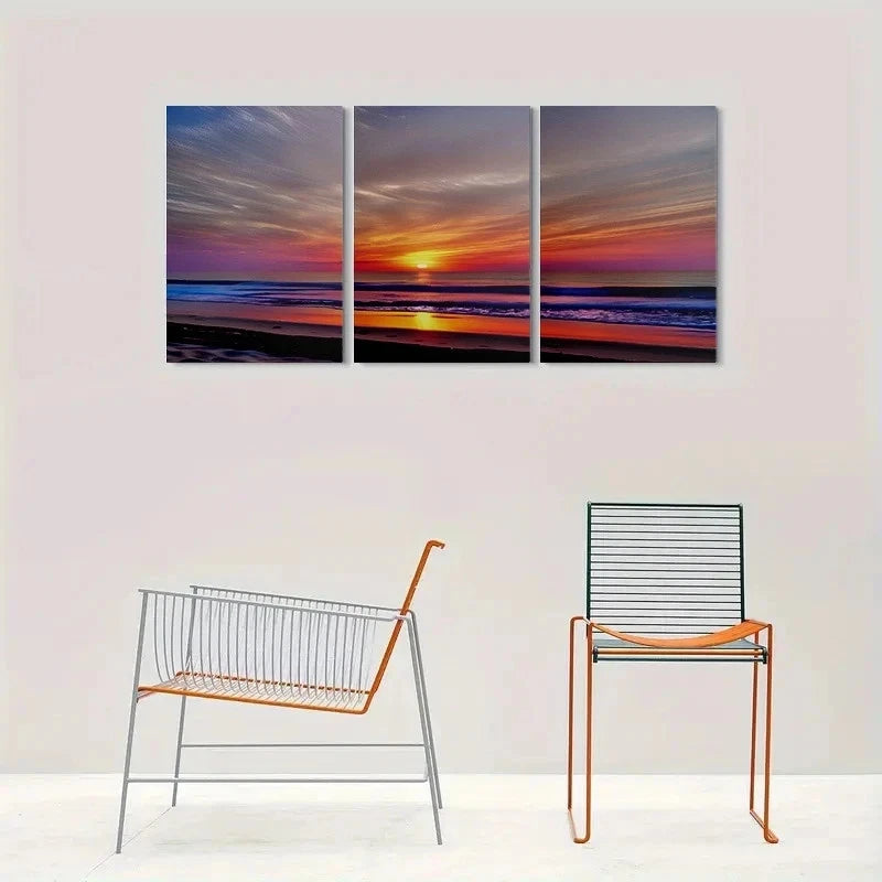 3pcs Vibrant Coastal Sunset Over the Ocean Metal Print Ready to Hang Art