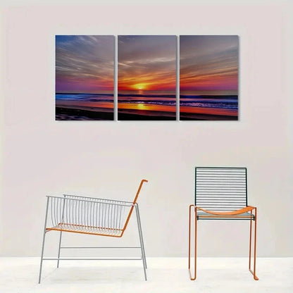 3pcs Vibrant Coastal Sunset Over the Ocean Metal Print Ready to Hang Art