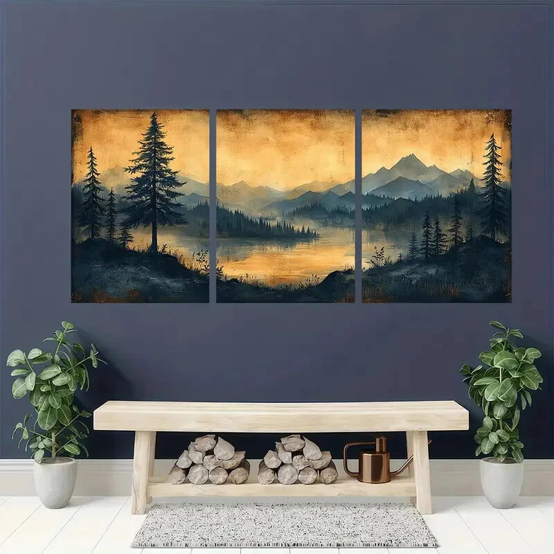 3pcs Vintage Sketch Pine Tree Artwork Landscape Metal Print Ready to Hang Art