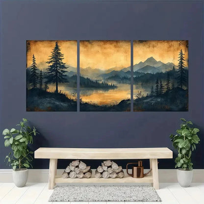 3pcs Vintage Sketch Pine Tree Artwork Landscape Metal Print Ready to Hang Art