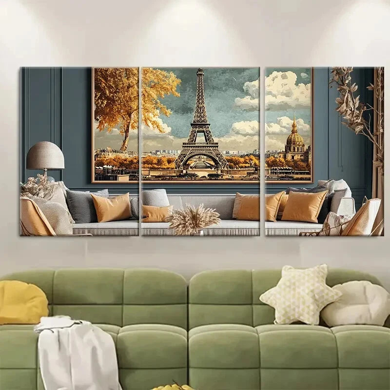 3pcs Eiffel Tower Vintage Paris Cityscape Metal Print Ready to Hang Art
