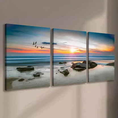 3pcs Sunset Beach Seascape with Birds Canvas Framed 60x90cm - High Quality Print 100% Australian Made Wall Canvas Ready to Hang