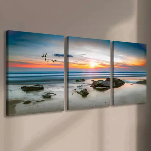 3pcs Sunset Beach Seascape with Birds Canvas Framed 60x90cm - High Quality Print 100% Australian Made Wall Canvas Ready to Hang