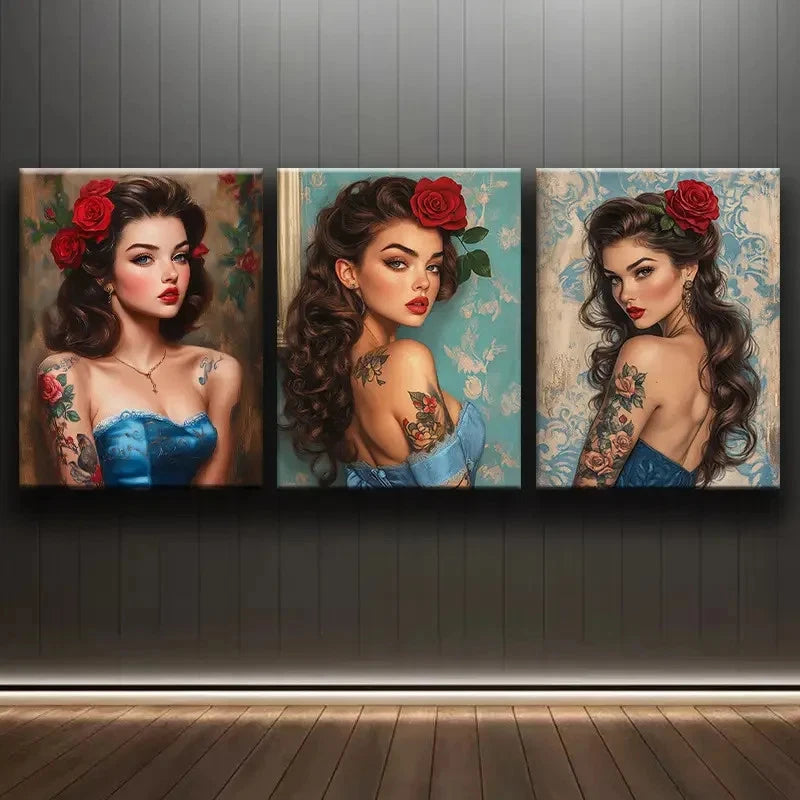 3pcs Vintage Brunette Girl with Tattoos Wall Art Set Canvas Framed 50x70cm - High Quality Print 100% Australian Made Wall Canvas Ready to Hang