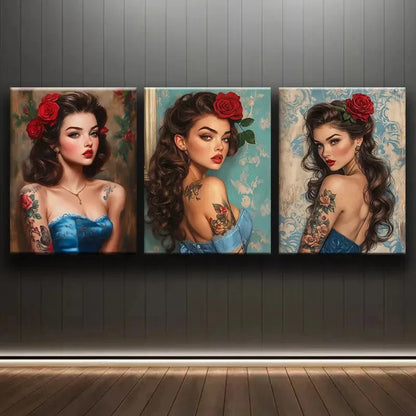 3pcs Vintage Brunette Girl with Tattoos Wall Art Set Canvas Framed 50x70cm - High Quality Print 100% Australian Made Wall Canvas Ready to Hang