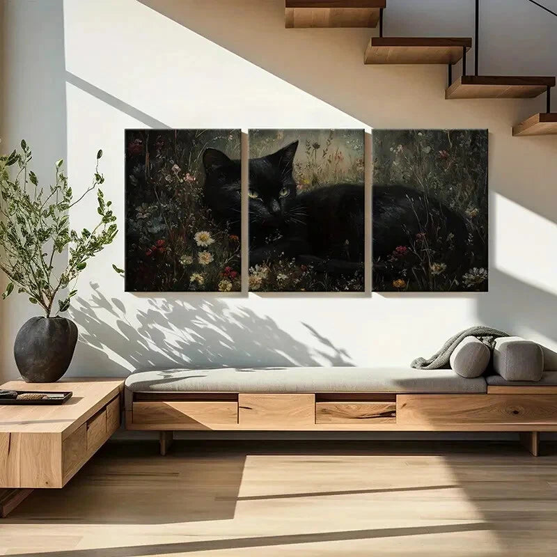 3pcs Elegant Black Cat Floral Garden Metal Print Ready to Hang Art