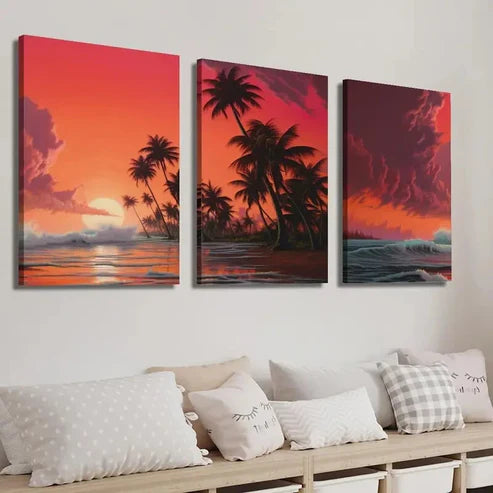 3pcs Tranquil Beach Sunset Tropical Plants Wall Art Set Canvas Unframed - High Quality Print 100% Australian Made Wall Canvas