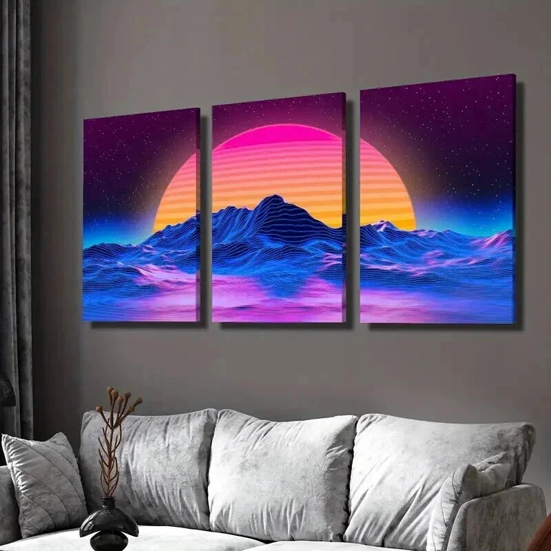 3pcs Sunset Landscape with Purple Blue Light Wall Art Set Canvas Framed 40x60cm - High Quality Print 100% Australian Made Wall Canvas Ready to Hang