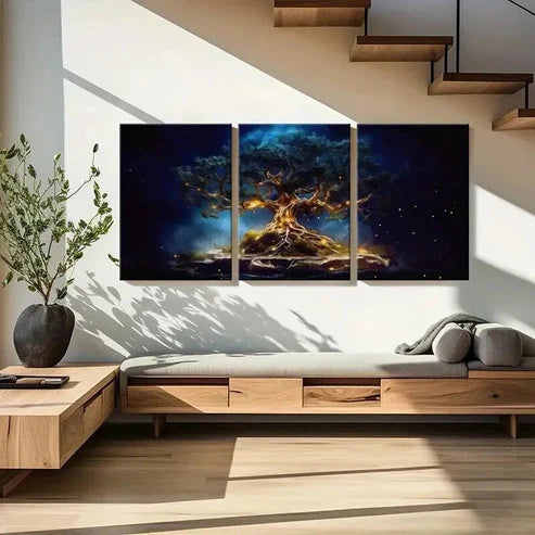 3pcs Glowing Lights Starry Night & Mystical Tree Wall Art Canvas Unframed - High Quality Print 100% Australian Made Wall Canvas
