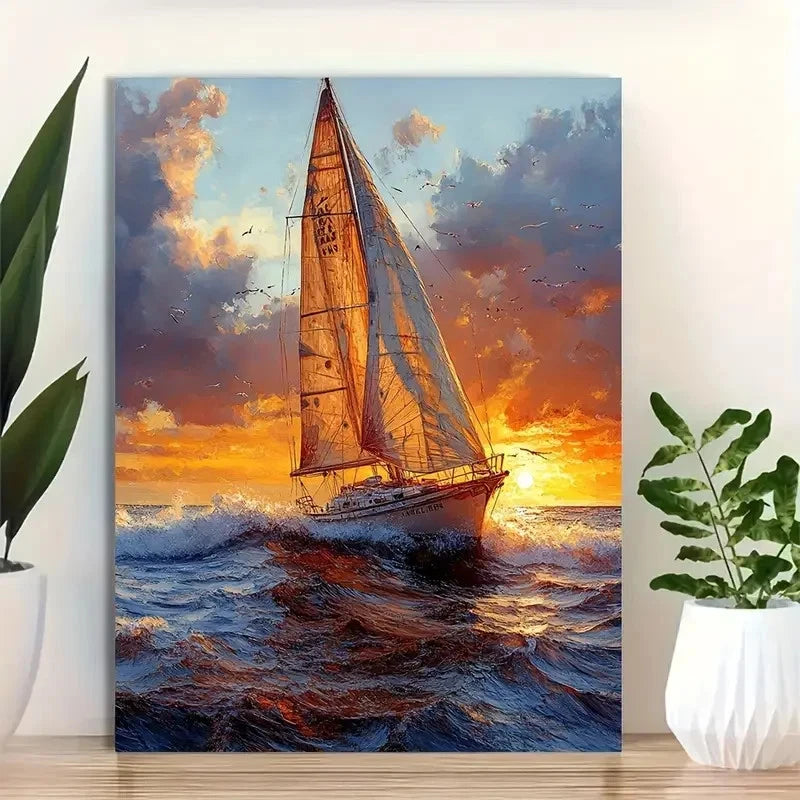 Beautiful Ocean Waves & Sunset Sky Painting 40x60cm Metal Print Ready to Hang