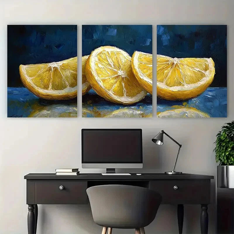 3pcs Vibrant Lemon Slices Citrus Illustration Metal Print Ready to Hang Art