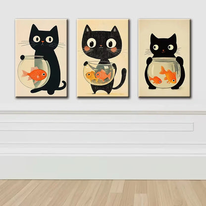 3pcs Black Cat and Fish Tank Illustration Wall Art Set Canvas Framed 50x70cm - High Quality Print 100% Australian Made Wall Canvas Ready to Hang