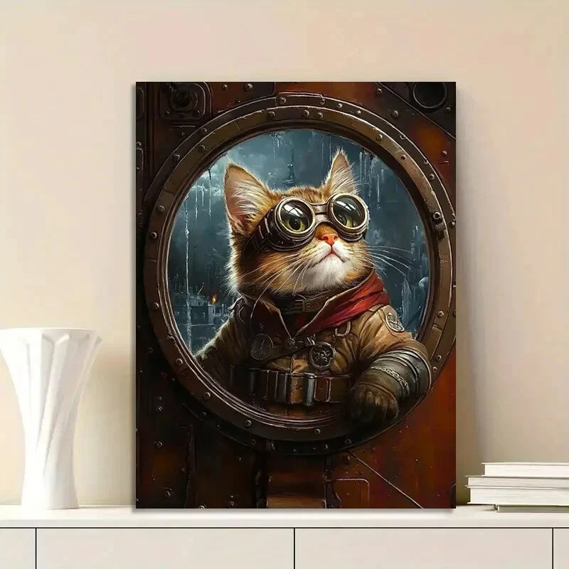 Steampunk Cat Glass Red  40x60cm Metal Print Ready to Hang