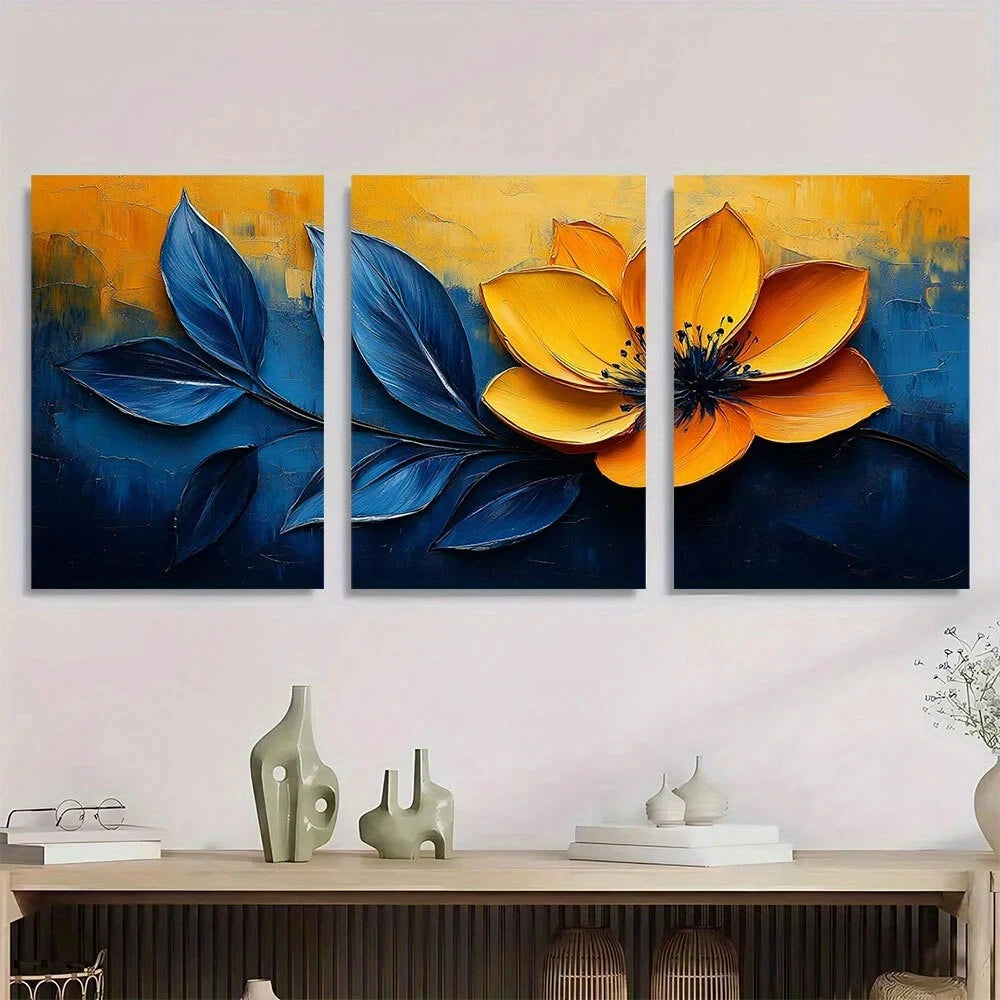 3pcs Abstract Vibrant Blue & Yellow Floral Metal Print Ready to Hang Art