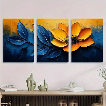 3pcs Abstract Vibrant Blue & Yellow Floral Metal Print Ready to Hang Art