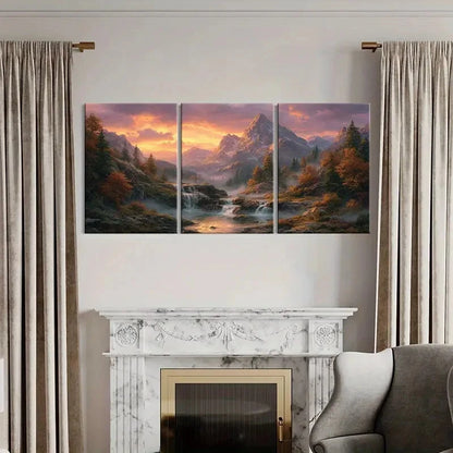 3pcs Mountain Sunset Forest Stream Autumn Colors Metal Print Ready to Hang Art