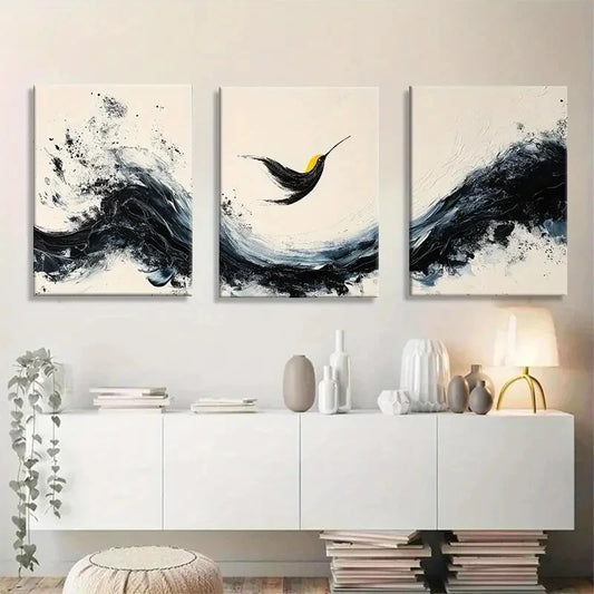 3pcs Modern Abstract Bird White & Blue Ocean Metal Print Ready to Hang Art