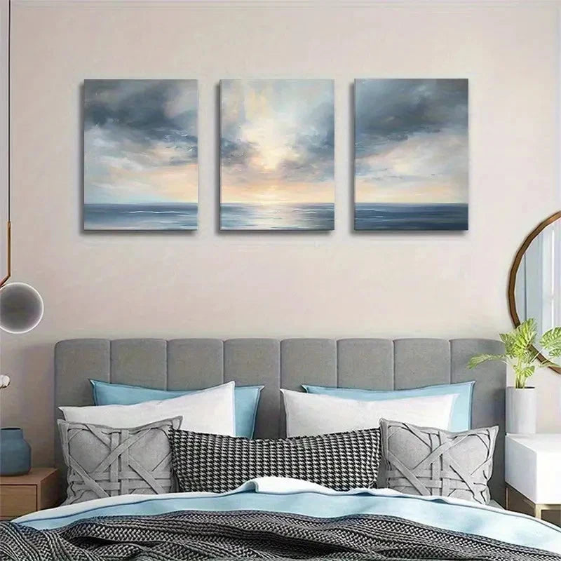 3pcs Ocean Sunset Soft Sky & Landmark Design Metal Print Ready to Hang Art