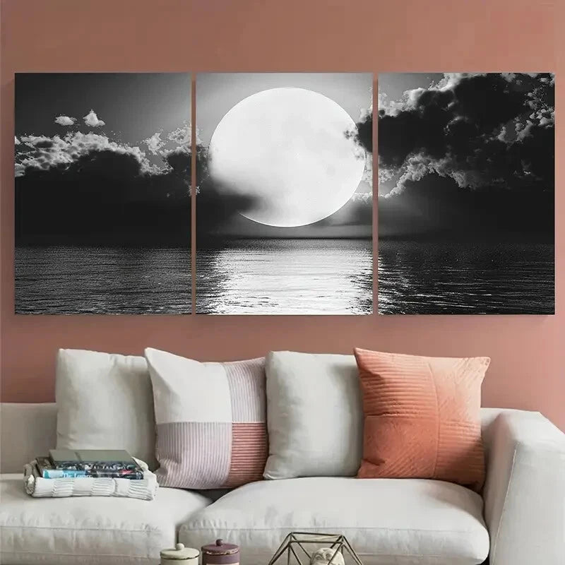 3pcs Black And White Scenic Moon over Sea Metal Print Ready to Hang Art