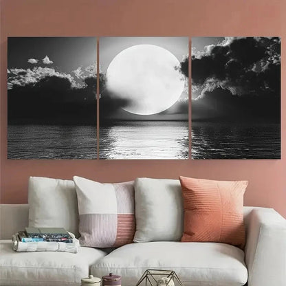 3pcs Black And White Scenic Moon over Sea Metal Print Ready to Hang Art