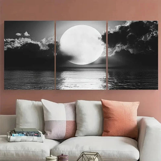 3pcs Black And White Scenic Moon over Sea Metal Print Ready to Hang Art