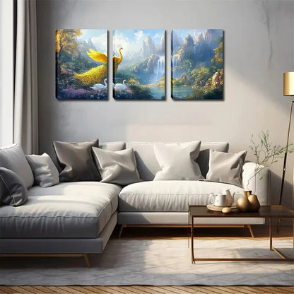 3pcs Golden Peacock And Swan Waterfall Perfect Wall Art Set Canvas Framed 40x60cm - High Quality Print 100% Australian Made Wall Canvas Ready to Hang