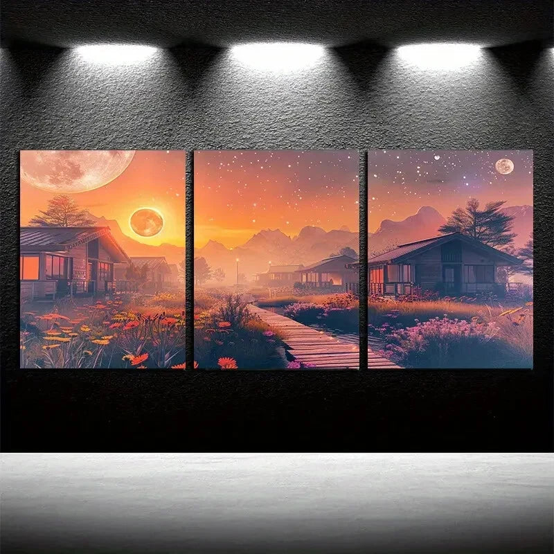 3pcs Vibrant Rustic Countryside Scenes Metal Print Ready to Hang Art