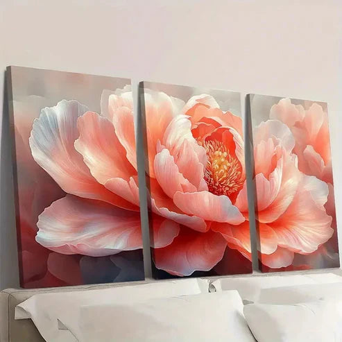 3pcs Peach colored Peony Abstract Wall Art Set Canvas Unframed - High Quality Print 100% Australian Made Wall Canvas