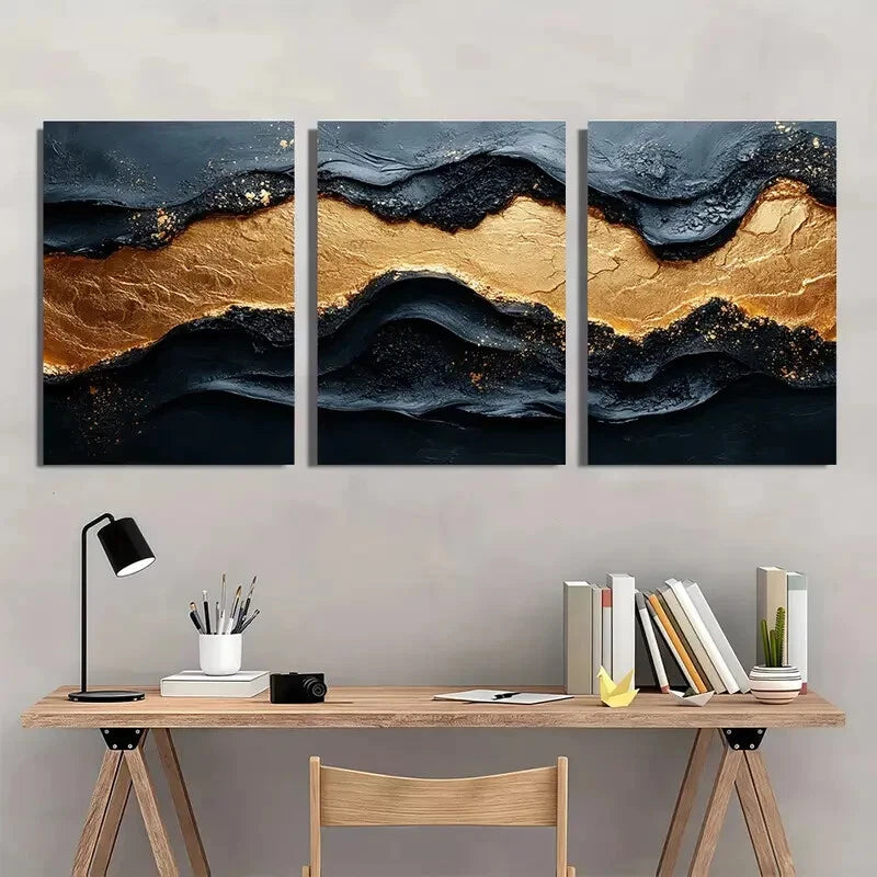 3pcs Modern Abstract Black & Golden Textured Metal Print Ready to Hang Art