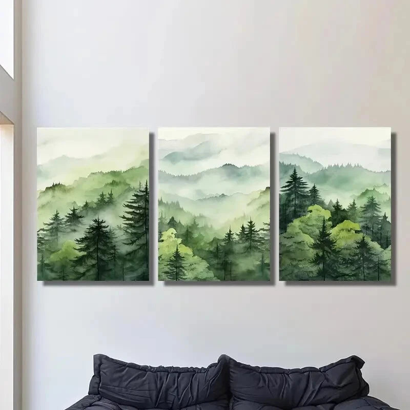 3pcs Green forest natural landscape watercolor Metal Print Ready to Hang Art