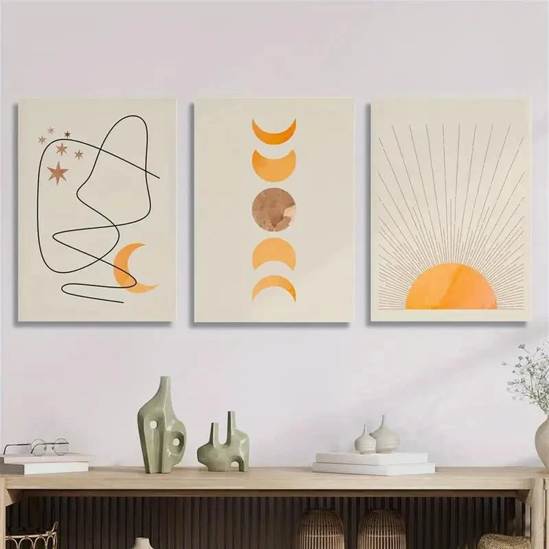 3pcs Abstract Geometric Shape Moon Sun Art Metal Print Ready to Hang Art