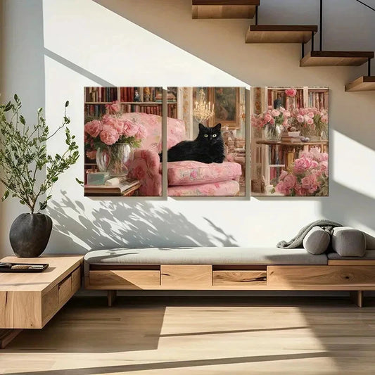 3pcs Vintage Elegant Black Cat Pink Roses Metal Print Ready to Hang Art