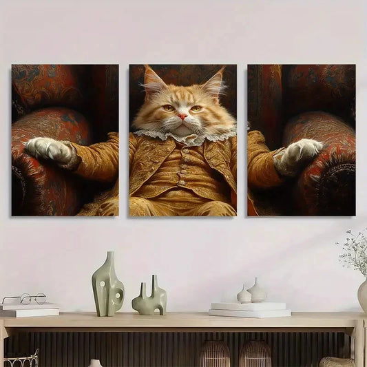 3pcs Whimsical Fat Cat Victorian Style Metal Print Ready to Hang Art