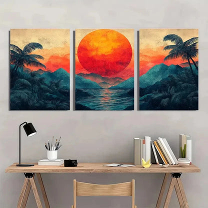 3pcs Vibrant Abstract Palm Leaf & Mountain Scenery Metal Print Ready to Hang Art