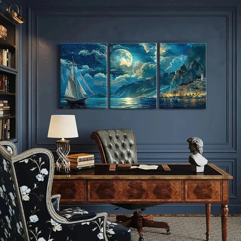 3pcs Moonlit Night Sailing Coastal Landscape Metal Print Ready to Hang Art
