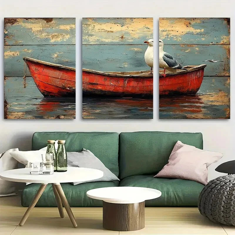 3pcs Charming Seagull and Fishing Boat Design Metal Print Ready to Hang Art