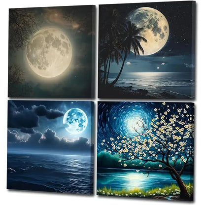 4pcs Seascape Tree Branch Picture Wall Art Canvas Framed