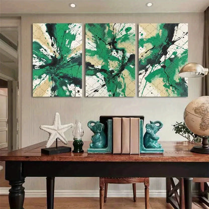 3pcs Abstract Green & Beige Modern Cubist Metal Print Ready to Hang Art