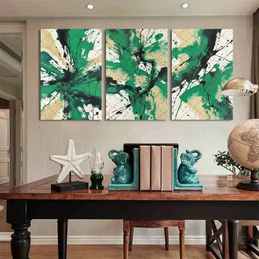 3pcs Abstract Green & Beige Modern Cubist Metal Print Ready to Hang Art