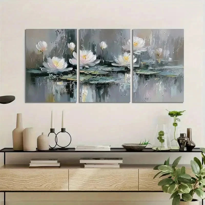 3pcs Abstract White for Lotus and Lily Pond Metal Print Ready to Hang Art