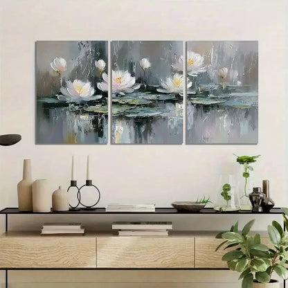 3pcs Abstract White for Lotus and Lily Pond Metal Print Ready to Hang Art